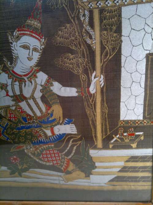 Vintage under glass Framed "Warrior and Bali Goddesses Silk Tapestry Textile Art. Hand painted.