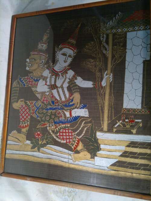 Vintage under glass Framed "Warrior and Bali Goddesses Silk Tapestry Textile Art. Hand painted.