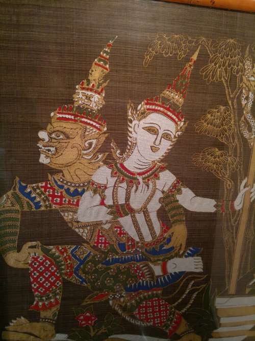 Vintage under glass Framed "Warrior and Bali Goddesses Silk Tapestry Textile Art. Hand painted.
