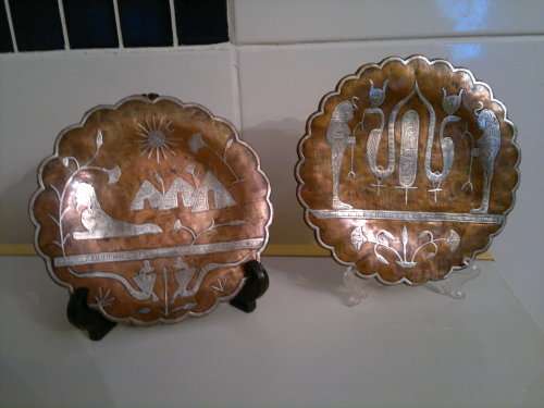 3 x Egyptian silver inlay on heavy copper wall plaques. Large size: 245mm.Small one size 160mm