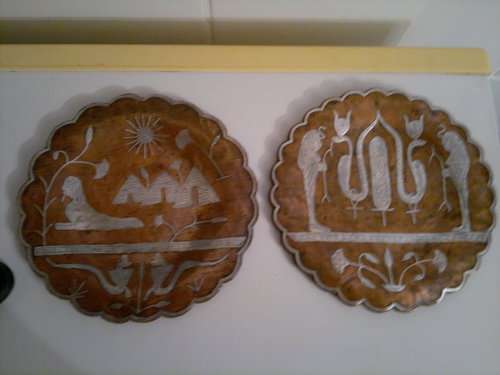 3 x Egyptian silver inlay on heavy copper wall plaques. Large size: 245mm.Small one size 160mm