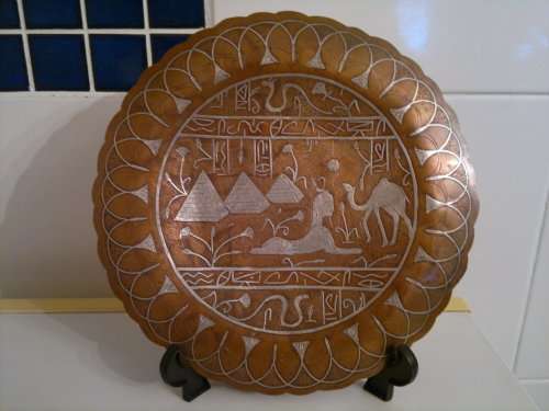 3 x Egyptian silver inlay on heavy copper wall plaques. Large size: 245mm.Small one size 160mm