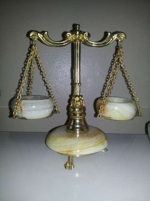Rare Vintage for the Lawyer`s Desk ` Balance Scales of Justice ` Onyx and Brass. Size:160mm Tall.