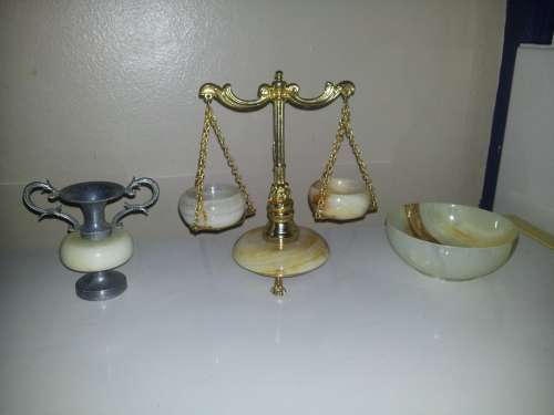 Rare Vintage for the Lawyer`s Desk ` Balance Scales of Justice ` Onyx and Brass. Size:160mm Tall.