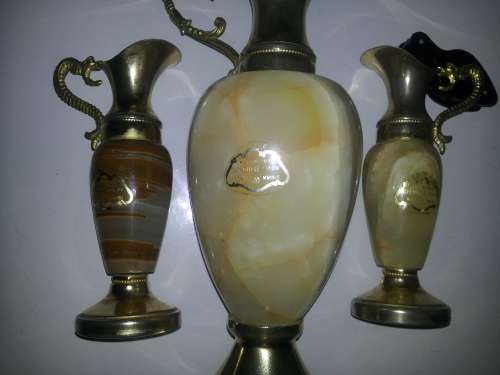 3 Collectible Antique Solid Italian Marble and Brass Vase`s. Large vase size: 230mm Tall