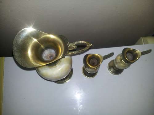 3 Collectible Antique Solid Italian Marble and Brass Vase`s. Large vase size: 230mm Tall