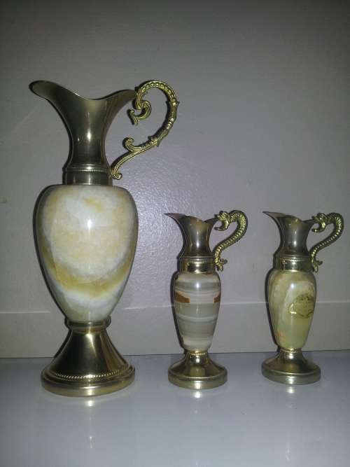 3 Collectible Antique Solid Italian Marble and Brass Vase`s. Large vase size: 230mm Tall