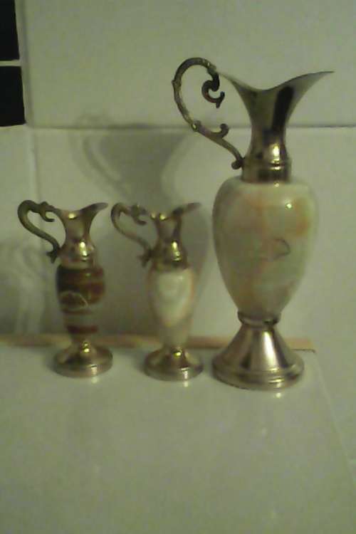 3 Collectible Antique Solid Italian Marble and Brass Vase`s. Large vase size: 230mm Tall