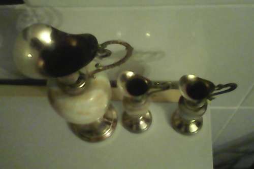 3 Collectible Antique Solid Italian Marble and Brass Vase`s. Large vase size: 230mm Tall