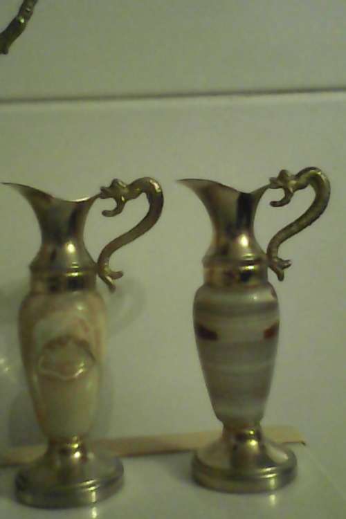 3 Collectible Antique Solid Italian Marble and Brass Vase`s. Large vase size: 230mm Tall