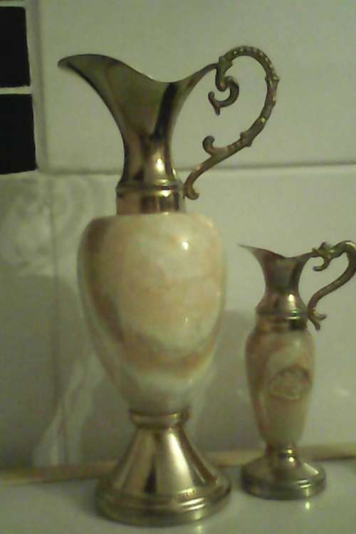 3 Collectible Antique Solid Italian Marble and Brass Vase`s. Large vase size: 230mm Tall