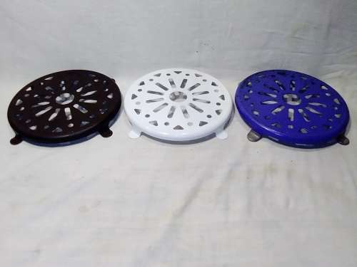 Three old Kitchen Trivets.Two enamel blue plus White and the other brown metal.In good condition.