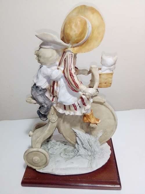 WoW. A Vintage F.E.J. Collector`s Edition Porcelain. A Girl with small Boy, Cat on a Tricycle.