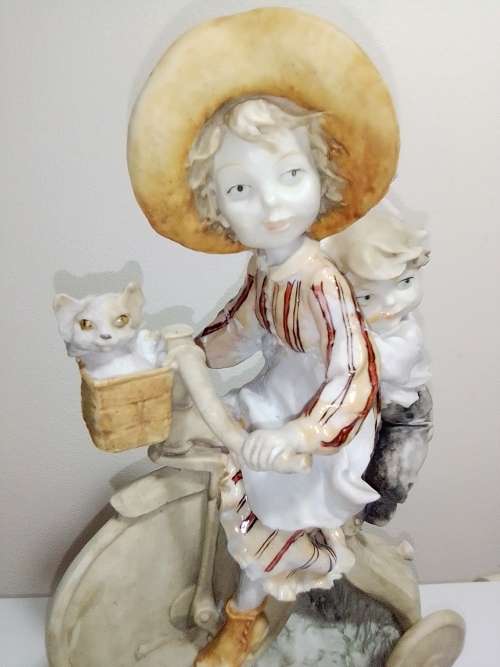 WoW. A Vintage F.E.J. Collector`s Edition Porcelain. A Girl with small Boy, Cat on a Tricycle.