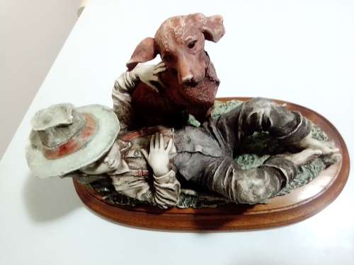 Vintage Capodimonte Signed by Guiseppe Armani ITALY 1982 sleeping Boy with a dog on a wooden stand.