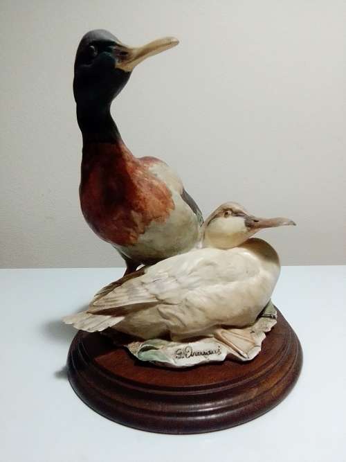 Vintage Capodimonte Signed: Giuseppe Armini 2 x Mallard  Duck`s mounted on wooden base.