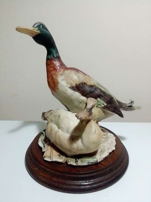 Vintage Capodimonte Signed: Giuseppe Armini 2 x Mallard  Duck`s mounted on wooden base.