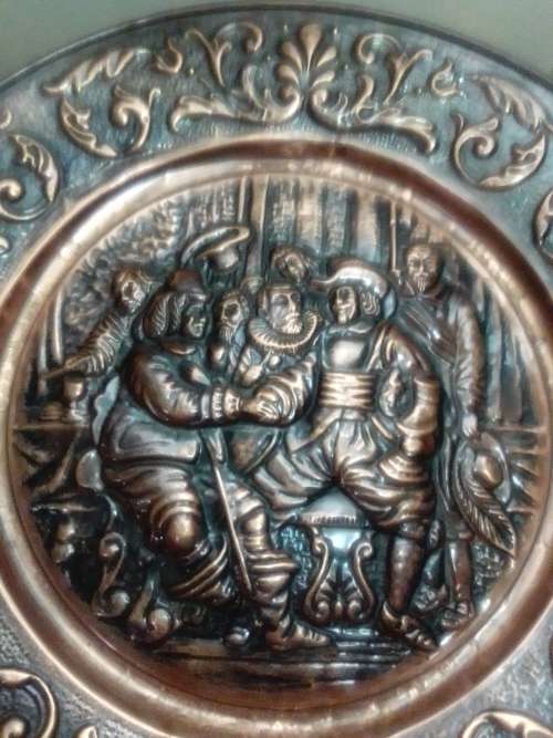 Very! very! Large ornately Embossed Copper Jan Van Rebeck in a Tavern Scene. hand Chased/hammered.
