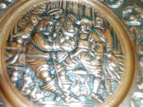 Very! very! Large ornately Embossed Copper Jan Van Rebeck in a Tavern Scene. hand Chased/hammered.
