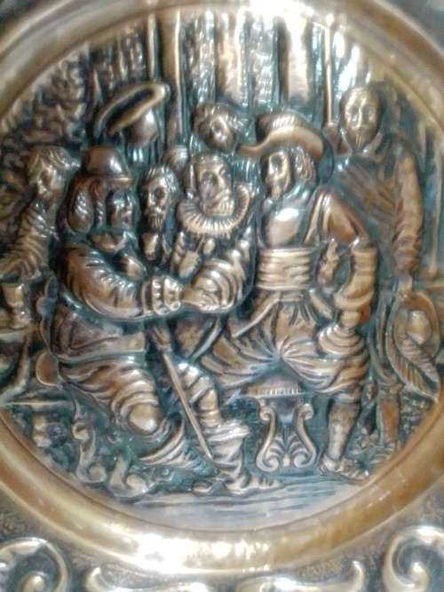 Very! very! Large ornately Embossed Copper Jan Van Rebeck in a Tavern Scene. hand Chased/hammered.