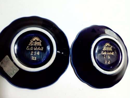 Two signed `Linder` Bavaria Germany Pin bowl`s Cobalt blue Gold overlay + lidded Gilded Peacock bowl