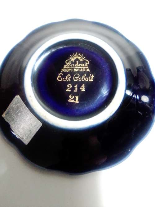 Two signed `Linder` Bavaria Germany Pin bowl`s Cobalt blue Gold overlay + lidded Gilded Peacock bowl