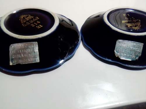Two signed `Linder` Bavaria Germany Pin bowl`s Cobalt blue Gold overlay + lidded Gilded Peacock bowl