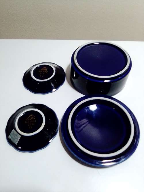 Two signed `Linder` Bavaria Germany Pin bowl`s Cobalt blue Gold overlay + lidded Gilded Peacock bowl
