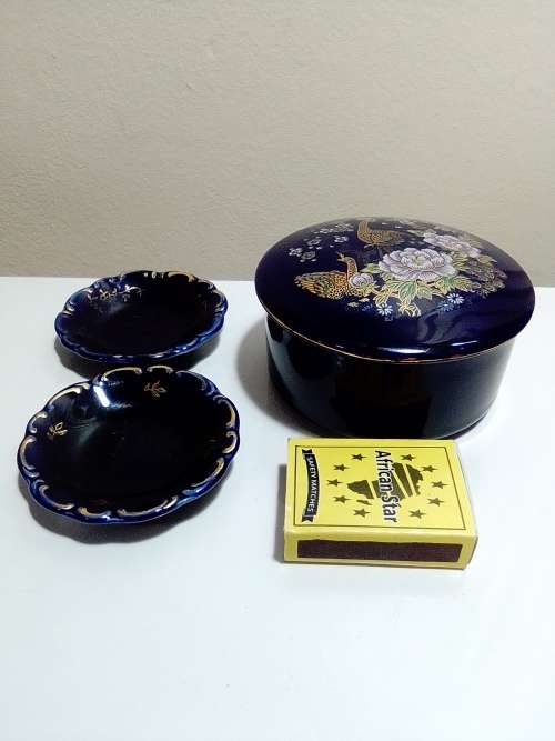 Two signed `Linder` Bavaria Germany Pin bowl`s Cobalt blue Gold overlay + lidded Gilded Peacock bowl