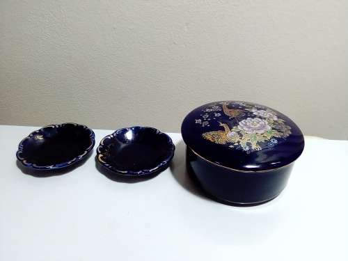 Two signed `Linder` Bavaria Germany Pin bowl`s Cobalt blue Gold overlay + lidded Gilded Peacock bowl