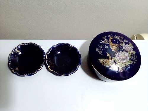 Two signed `Linder` Bavaria Germany Pin bowl`s Cobalt blue Gold overlay + lidded Gilded Peacock bowl