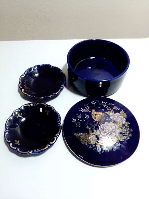 Two signed `Linder` Bavaria Germany Pin bowl`s Cobalt blue Gold overlay + lidded Gilded Peacock bowl