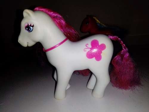 3 x My Little Ponys 2 Dark Pink and a White Butterfly pony`s Stamped `Simba-Toys.