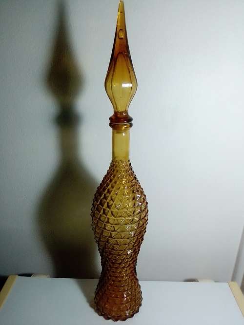 Vintage large very rare & scarce Amber Genie Bottle with Dimond patron. Glass Stopper in good order