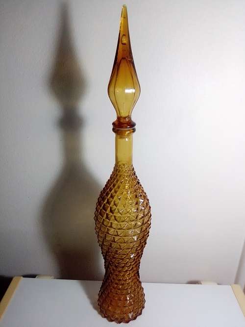 Vintage large very rare & scarce Amber Genie Bottle with Dimond patron. Glass Stopper in good order