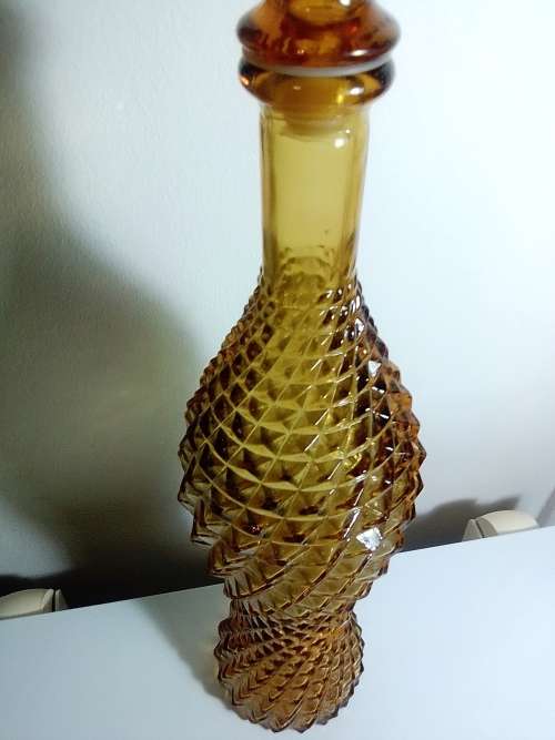 Vintage large very rare & scarce Amber Genie Bottle with Dimond patron. Glass Stopper in good order