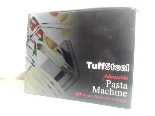 A boxed TUFFSTEEL Adjustable Pasta Machine complete with bracket and drive handle.