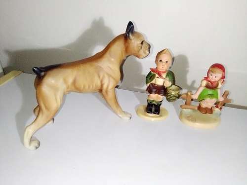 2 are in the style of HUMEL Village Boy + Girl sitting on fence plus a clean `Bull Mastiff` Dog.