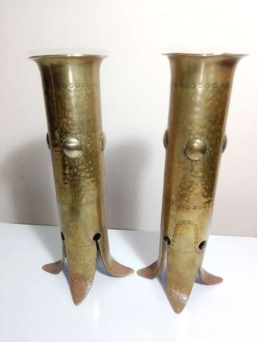 WoW A pair Vintage Brass Trench Art unique, heavily patinated, hand-crafted historical Candlesticks.
