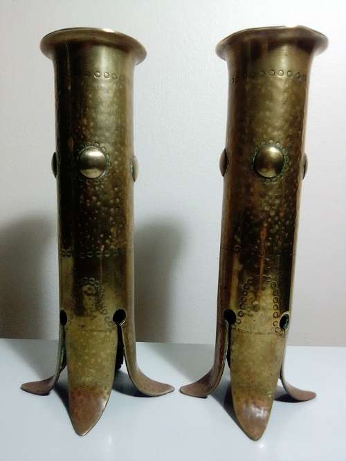 WoW A pair Vintage Brass Trench Art unique, heavily patinated, hand-crafted historical Candlesticks.