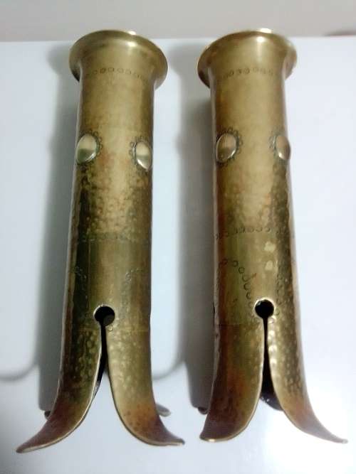 WoW A pair Vintage Brass Trench Art unique, heavily patinated, hand-crafted historical Candlesticks.