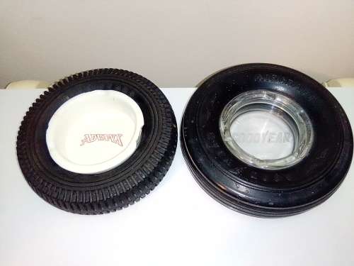 2 Tyre Ashtrays. A 1940`s Goodyear Aircraft Ashtray + a Rhodesia 1960`s Firestone Advanx ashtray.