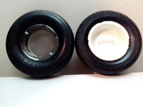 2 Tyre Ashtrays. A 1940`s Goodyear Aircraft Ashtray + a Rhodesia 1960`s Firestone Advanx ashtray.