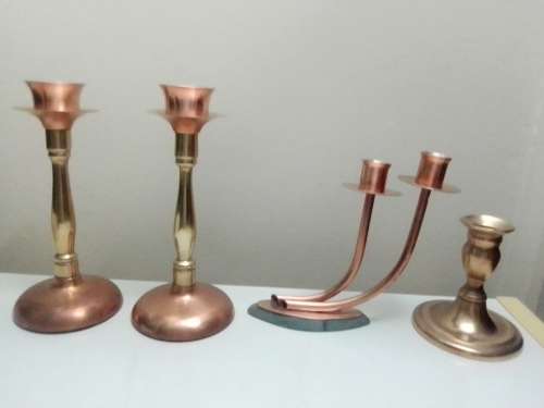 Very Old Vintage Copper & Brass Candelabra`s. 2 x Longe single 1 x double and old small brass one.