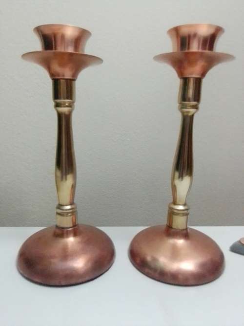 Very Old Vintage Copper & Brass Candelabra`s. 2 x Longe single 1 x double and old small brass one.