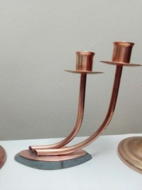 Very Old Vintage Copper & Brass Candelabra`s. 2 x Longe single 1 x double and old small brass one.