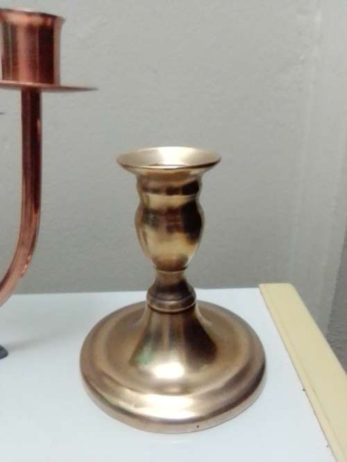 Very Old Vintage Copper & Brass Candelabra`s. 2 x Longe single 1 x double and old small brass one.
