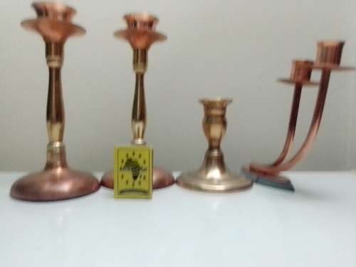 Very Old Vintage Copper & Brass Candelabra`s. 2 x Longe single 1 x double and old small brass one.