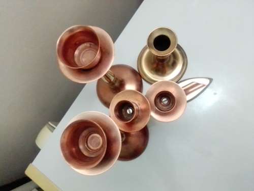 Very Old Vintage Copper & Brass Candelabra`s. 2 x Longe single 1 x double and old small brass one.