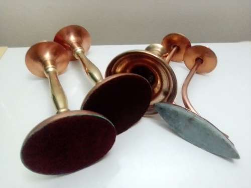 Very Old Vintage Copper & Brass Candelabra`s. 2 x Longe single 1 x double and old small brass one.